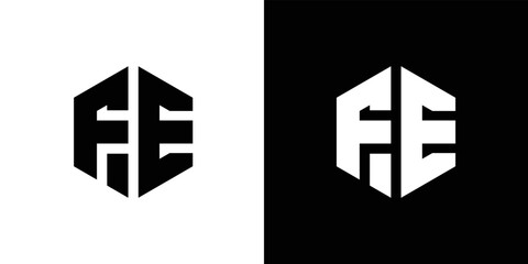 Letter FE Polygon Minimal Logo Design On Black And White Background