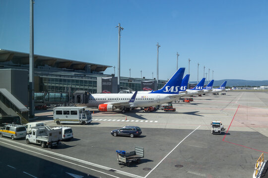 Oslo, Norway - May 31, 2018: An airplane is being service at Oslo International Airport