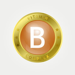 Icon structure Vitamin B circle light Yellow. gold border. Pill complex, collagen serum chemical formula. 3D vector EPS10. Beauty treatment nutrition skin care design, healthy. Medical, scientific. 