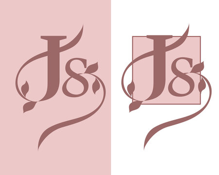 js monogram. Typographic logo with uppercase letter j and letter s overlapped. Luxury style lettering icon with decorative swirl and leaf in pink colour