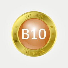 Icon structure Vitamin B10 circle light Yellow. gold border. Pill complex, collagen serum chemical formula. 3D vector EPS10. Beauty treatment nutrition skin care design, healthy. Medical, scientific. 