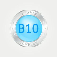 Vitamin B10 Icon structure circle blue. silver border. 3D vector EPS10. Pill complex, collagen serum chemical formula. Beauty treatment nutrition skin care design, healthy. Medical, scientific. 