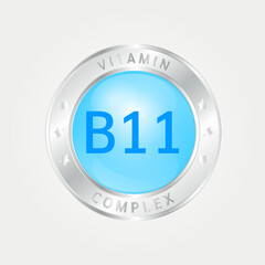 Vitamin B11 Icon structure circle blue. silver border. 3D vector EPS10. Pill complex, collagen serum chemical formula. Beauty treatment nutrition skin care design, healthy. Medical, scientific. 