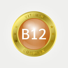 Icon structure Vitamin B12 circle light Yellow. gold border. Pill complex, collagen serum chemical formula. 3D vector EPS10. Beauty treatment nutrition skin care design, healthy. Medical, scientific. 
