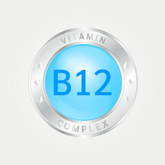 Vitamin B12 Icon structure circle blue. silver border. 3D vector EPS10. Pill complex, collagen serum chemical formula. Beauty treatment nutrition skin care design, healthy. Medical, scientific. 