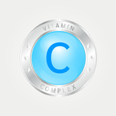 Vitamin C Icon structure circle blue. silver border. 3D vector EPS10. Pill complex, collagen serum chemical formula. Beauty treatment nutrition skin care design, healthy. Medical, scientific. 