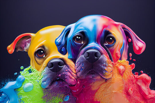 dog pour thick split colorful paint liquid,3d render, dark background