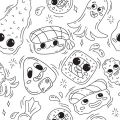 Doodle childish asian food pattern in black and white line art. Childish hipster sushi, onigiri, sushi roll, tempura shrimp, octopus sausage. Coloring book page