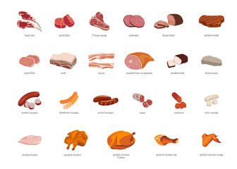 Meat Vector Illustration Set.  Beef, pork and chicken meat. - obrazy, fototapety, plakaty