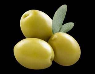 Delicious green olives with leaves, isolated on black background