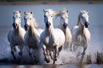 white horses running and splashing on water - obrazy, fototapety, plakaty