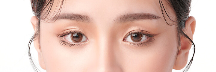 close up of beauty asia woman eye on white background.