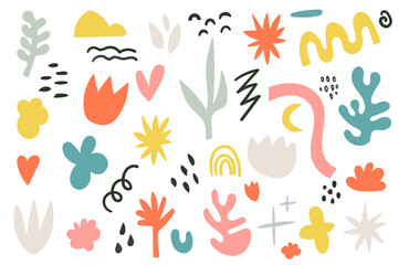 Abstract collection of hand drawn aesthetic elements and doodles. Unusual figures in the style of Matisse. Modern vector illustration. A large set of trendy icons on an isolated white background.