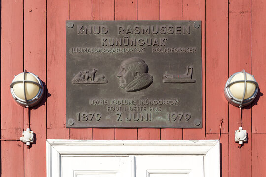 Ilulissat, Greenland - July 01, 2018: A monumental sign for polar explorer Knud Rasmussen