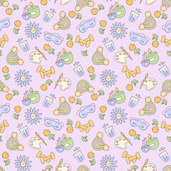 Vector seamless pattern with elements for a healthy lifestyle. mental health. Self love, self care, self support, mental health.