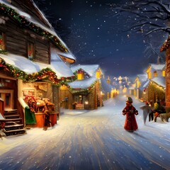 Painting of Christmas Village with Christmas Lights