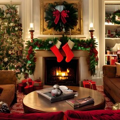 Digital Art of Christmas Living Room with Fire Place