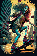 a zombie girl skating on a street