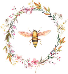 Watercolor vintage bee and flower wreath transparent png