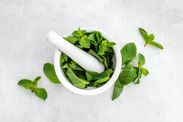 Aroma herbs for medicine and cooking. Mint leaves in mortar