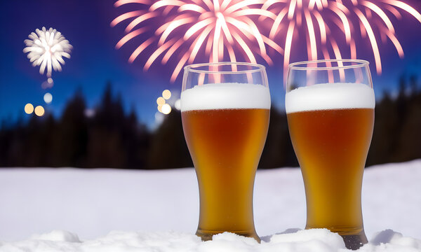 Beer glass in snow with fireworks and copy space