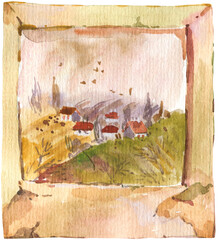 Watercolor old painting landscape - 553201307