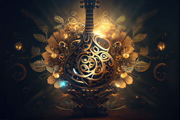 an ornate guitar surrounded by golden elements and light, symbolizing the fusion of meditation and sound healing. The design suggests a spiritual connection through music, 