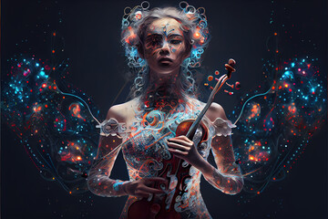 Obraz na płótnie Canvas Woman in Sound healing therapy and yoga meditation , uses aspects of music to improve health and well being. can help your meditation and relaxation generative ai