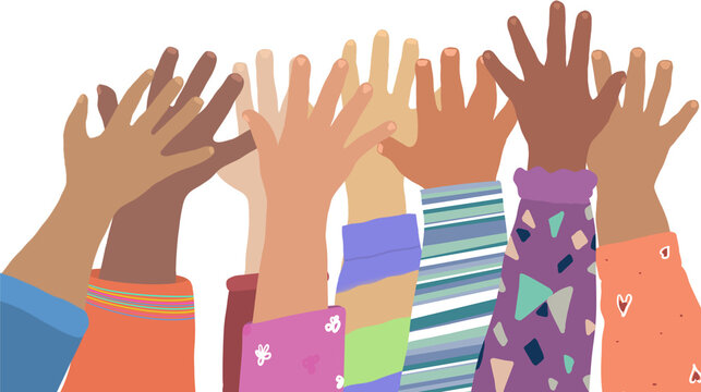 Dessin de groupe d'enfant les mains lev&eacute;e, solidarit&eacute; et tol&eacute;rance