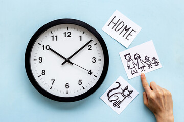 Wall clock and home family signs and icons. Family time.