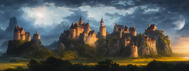 Photo sur Plexiglas Chocolat brun A painting depicting a majestic castle on a hill during a stormy night. The castle looks imposing and stately, but its towers and walls are streaked with wind and lightning illuminating the dark sky. 