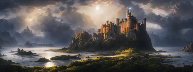 A painting depicting a majestic castle on a hill during a stormy night. The castle looks imposing and stately, but its towers and walls are streaked with wind and lightning illuminating the dark sky.  - obrazy, fototapety, plakaty