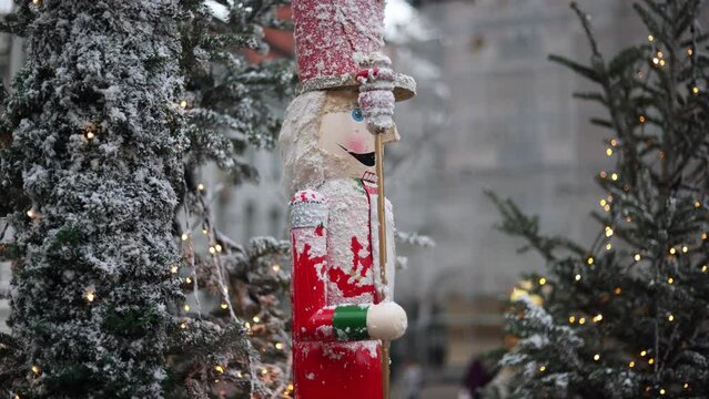 Nutcracker outdoor wooden decoration. Advent in Zagreb, most beautiful Christmas market in Europe. Advent fair decoration. 