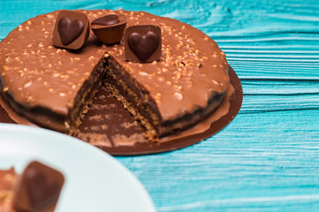 Delicious chocolate layer cake with toffee heart