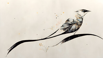 Hand drawn bird with ornaments in line art style. Generative AI.