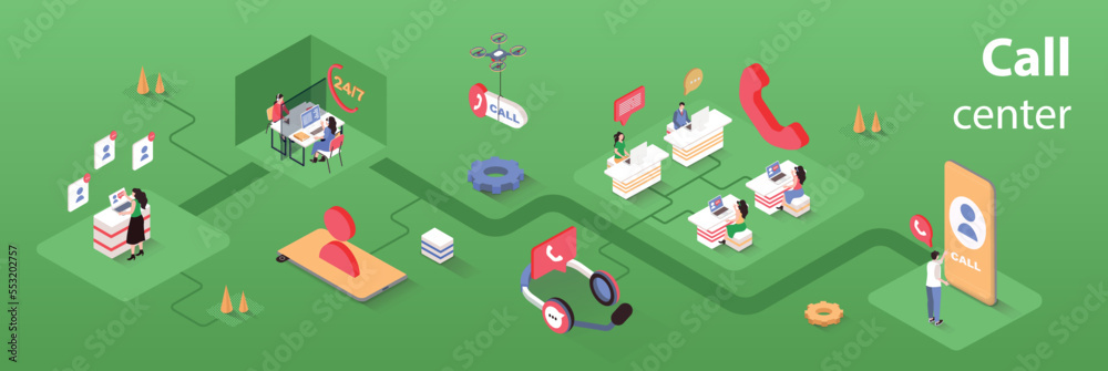 Poster Call center concept 3d isometric infographics web banner. People work in customer support center, answer calls and messages, help and solve problem. Vector illustration in isometry graphic design