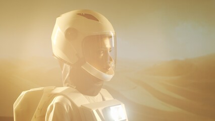 A woman astronaut in a spacesuit explores another planet. Young female cosmonaut in space suit on...
