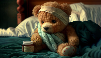 Kid teddy bear sick, generative ai
