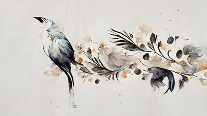 Hand drawn bird with ornaments in line art style. 