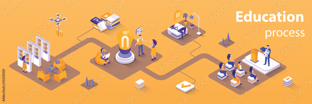 Poster Education process concept 3d isometric infographics web banner. People studying, attend classes and library, discuss with students, graduation. Vector illustration in isometry graphic design