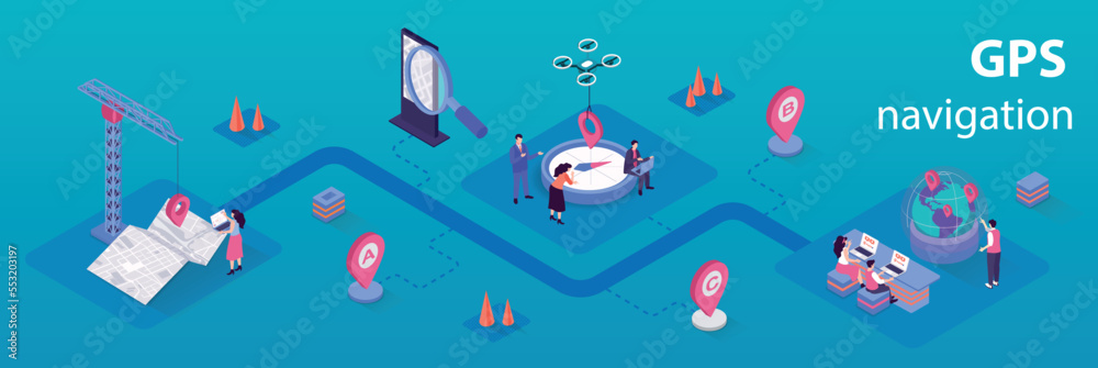 Leinwandbilder GPS navigation concept 3d isometric infographics web banner. People use online maps in applications, create and track routes with location search. Vector illustration in isometry graphic design
