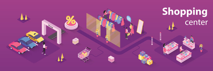 Obraz premium Shopping center concept 3d isometric infographics web banner. People choose clothes in boutique, buy goods on shelves of store in seasonal sales. Vector illustration in isometry graphic design