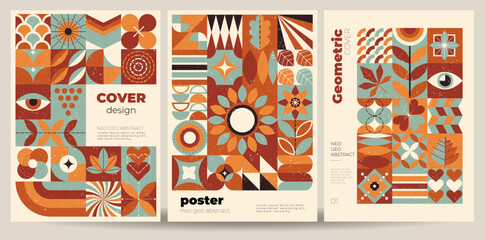 Obraz na płótnie Canvas Set of vector illustrations with colorful abstract geometric shapes and grange texture. Simple minimalist neo geo design. Useful for cover, flyer, poster, prints.