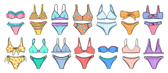 Bikini swimming suits doodles collection. Swimsuits doodle set. Colorful bikini swimwear sketches. Summer vacation clothes. Swimwear fashion.