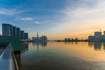 Fototapeta premium Beautiful morning in District 1, view to Landmark 81, the tall skyscraper in Vietnam and all Southeast Asia.