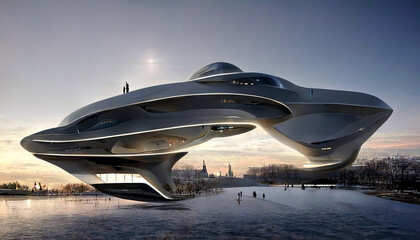 Obraz na płótnie Canvas Exclusive futuristic home at winter sea design of the future architecture