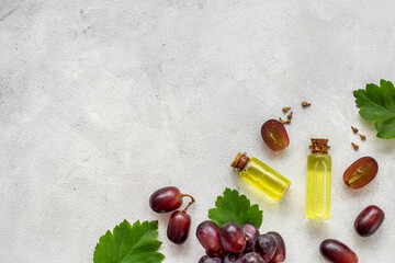 Bottles of grape seed essential oil. Massage body care cosmetic product