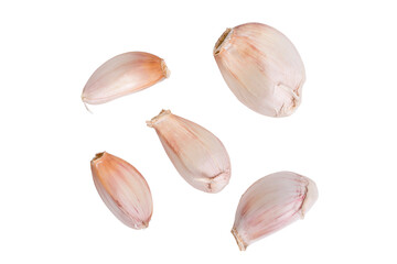 Top view fresh peeled garlic cloves, bulb  with garlic slices isolated on white background