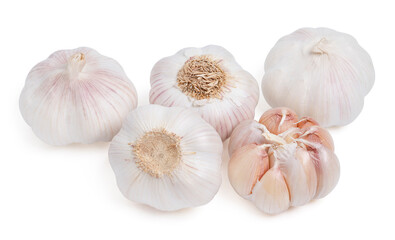 set fresh peeled garlic cloves, bulb with garlic slices on white background.