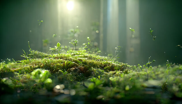 Rays of light shining down on sprouts in lush moss healthy diet